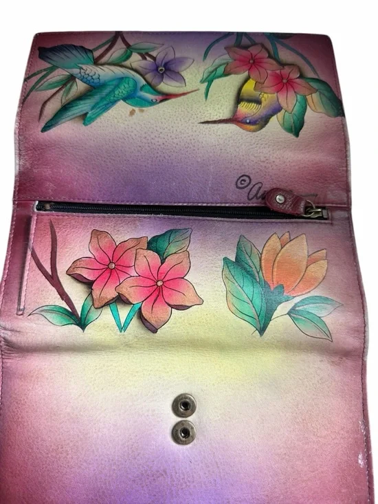 Anuschka Hand-Painted Hummingbird Floral Wallet in Pink Yellow Leather - Picture 2 of 10